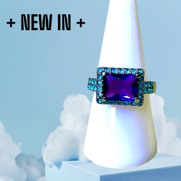 New Black Gold Plated Sterling Silver Square-Cut Lab-created amethysts Ring - Picture 8 of 8